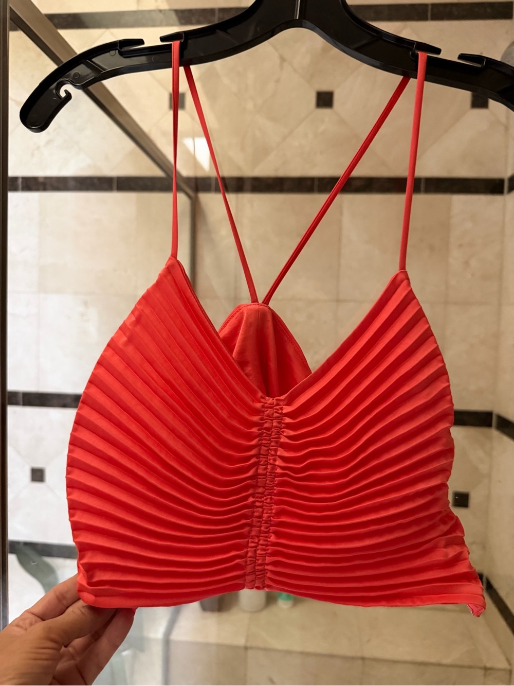 A.L.C. Red Pleated Crop Top with Spaghetti Straps